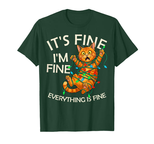 Funny Orange Cat Christmas Light It's Fine I'm Fine Xmas T-Shirt