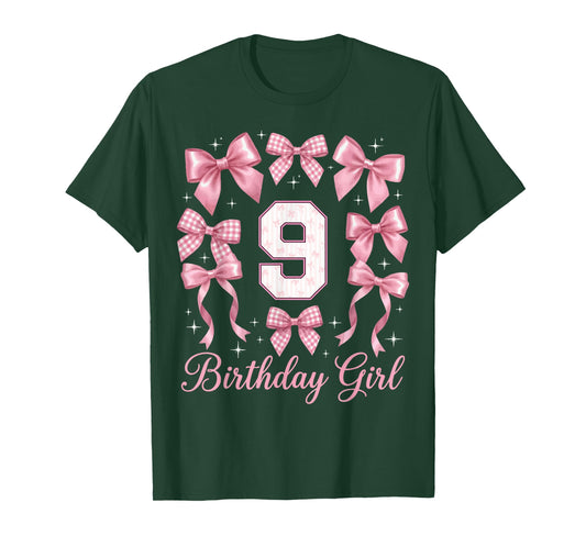 9th Birthday Shirt for Girls Coquette Bow Nine 9 Year Old T-Shirt