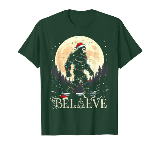 Sasquatch Santa Christmas Tree Lights Funny Xmas Boys Men T-Shirt