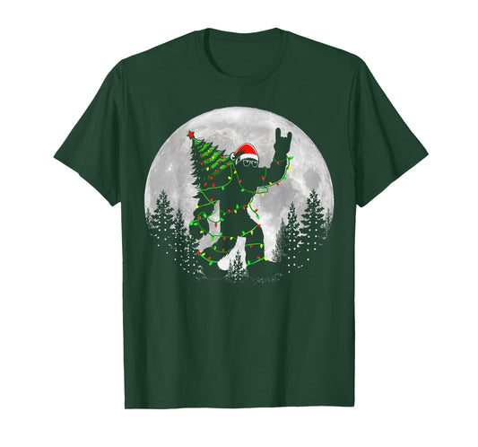 Santa Bigfoot Christmas Tree Xmas Lights Funny Sasquatch T-Shirt