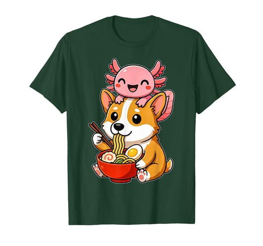Funny Cute Axolotl and Corgi Dog Eating Ramen Anime Noodle T-Shirt