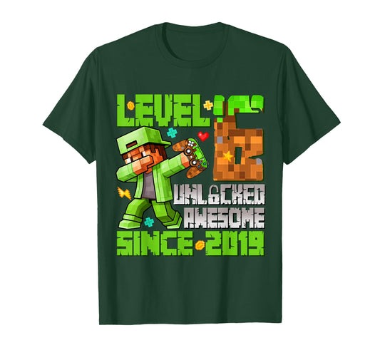 Level 6 Unlocked Awesome Since 2019 6th Birthday Game Pixel T-Shirt