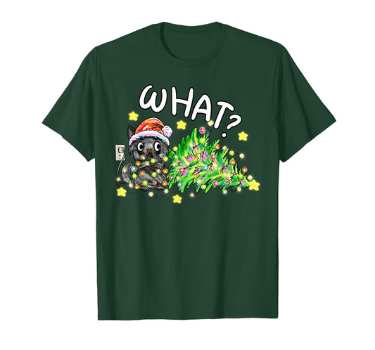 Funny Black Cat Gift Pushing Christmas Tree Over Cat What? T-Shirt