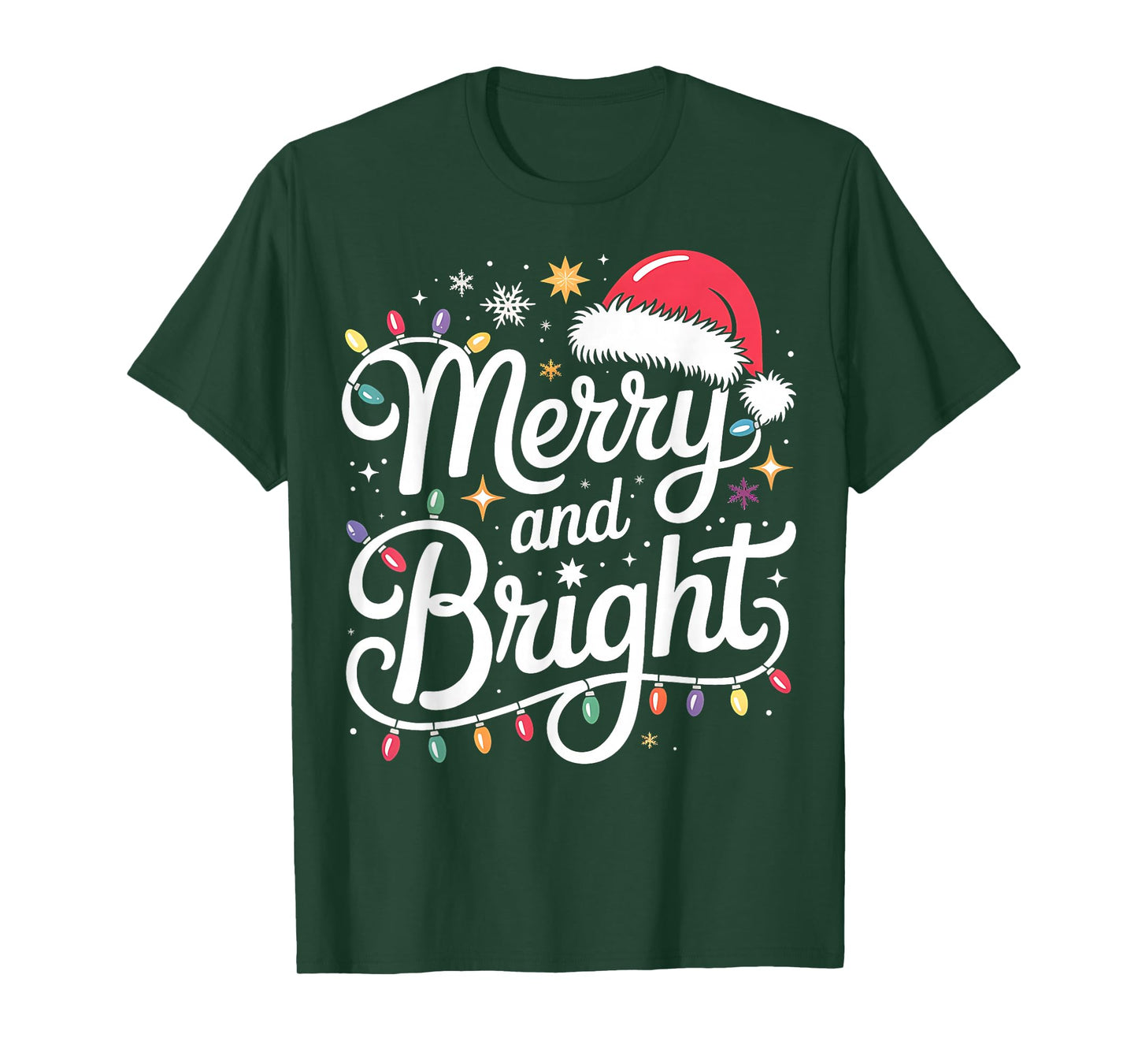 Merry and Bright Lights Red Santa Hat Xmas Family Men Women T-Shirt