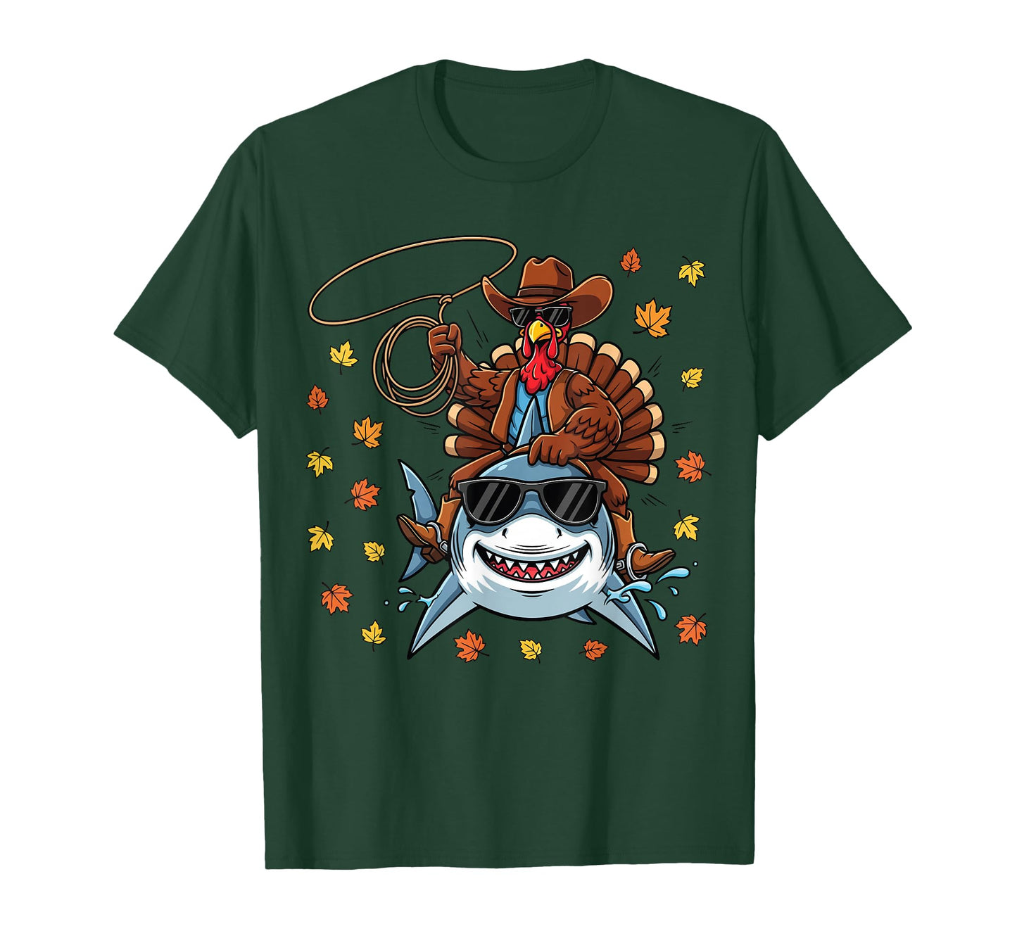 Funny Thanksgiving Cowboy Costume Turkey Riding Shark Kids T-Shirt