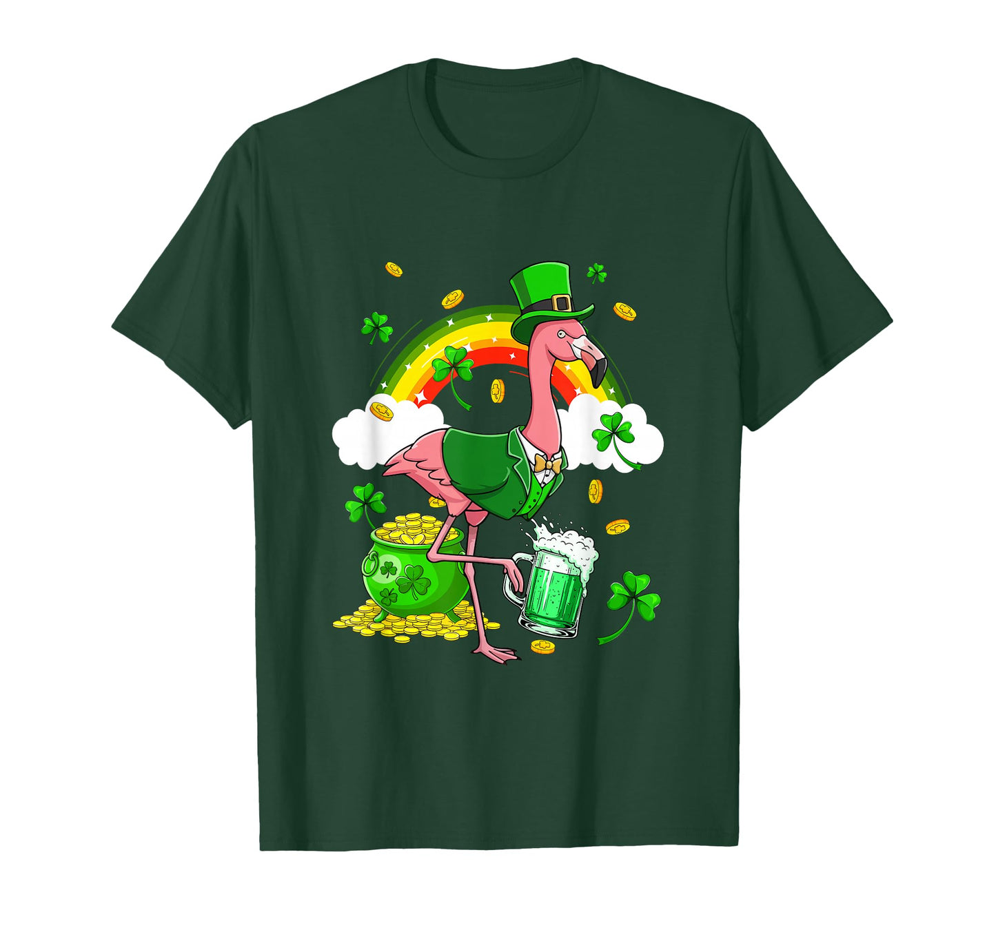 Flamingo Sunglasses Drinking Beer St. Patrick's Day Rainbow T-Shirt
