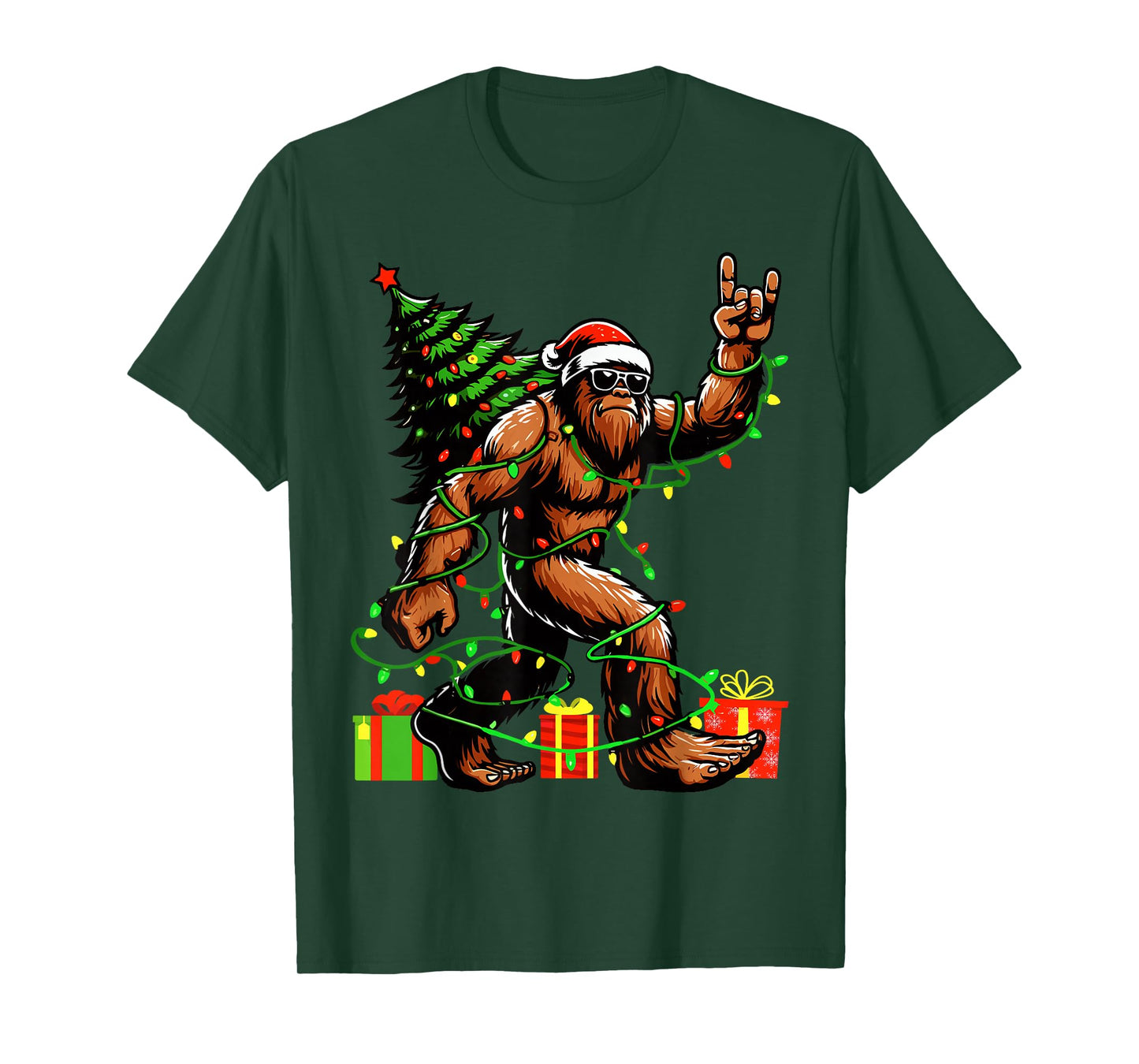 Santa Bigfoot Christmas Tree Xmas Lights Funny Sasquatch T-Shirt