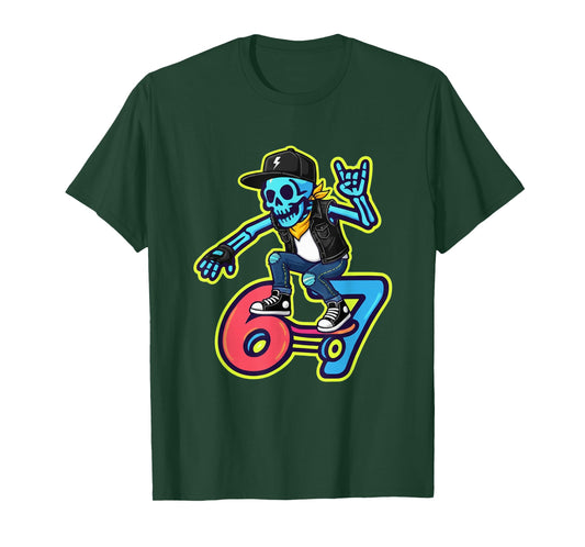Funny 67 Skeleton Skater Meme Retro Skateboarding Mens Boys T-Shirt