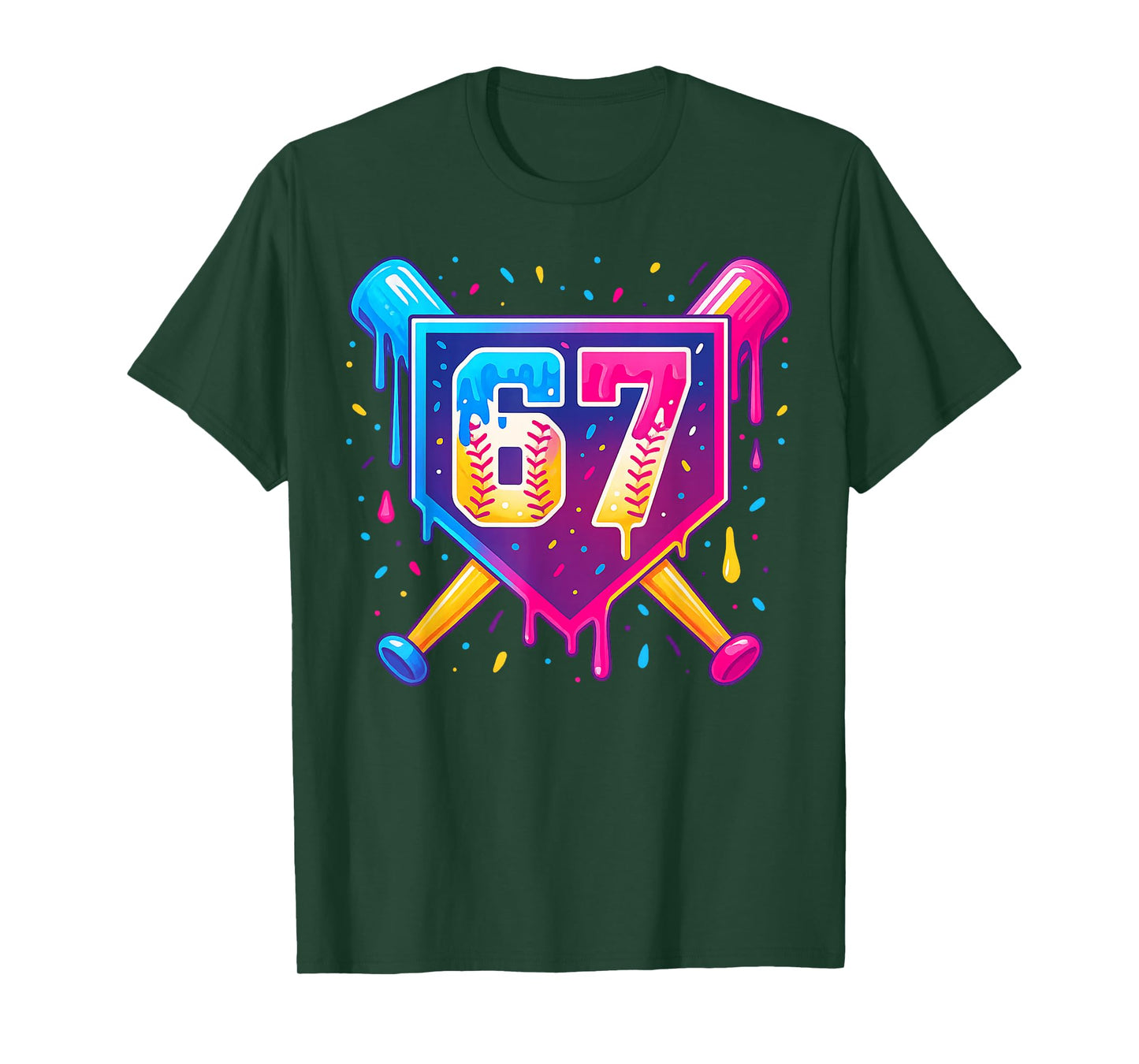 Baseball Number 67 Drip Neon Retro Sports Design T-Shirt