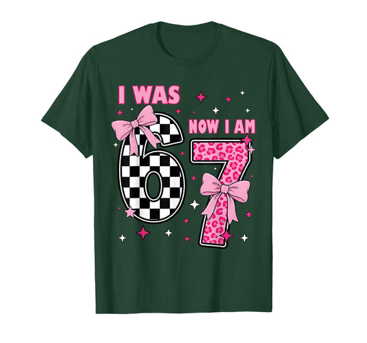 I was 6 Now I Am 7 Coquette Checkered Leopard Birthday Girl T-Shirt