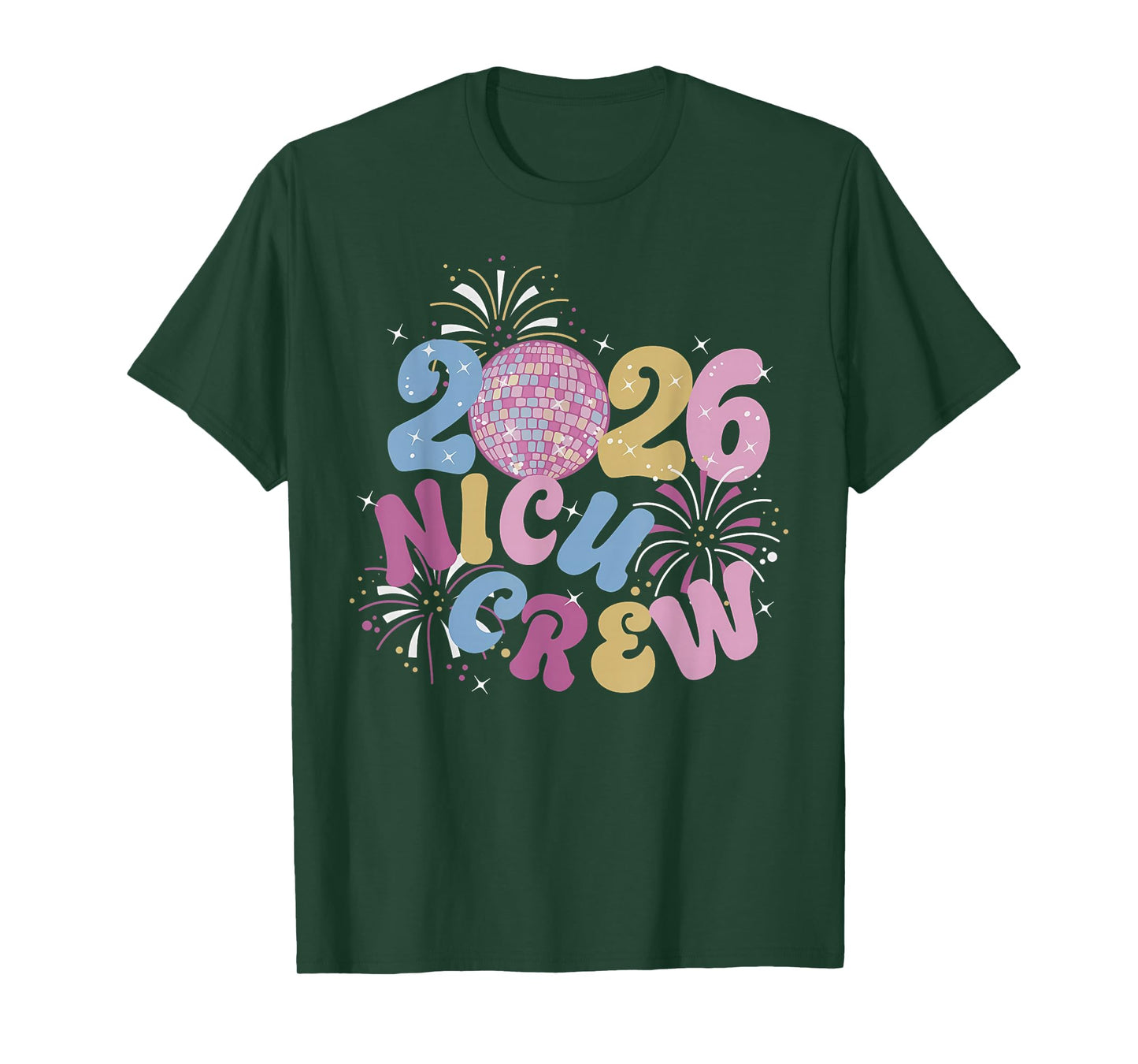 NICU Crew New Years Neonatal Nurse Disco Ball Fireworks T-Shirt