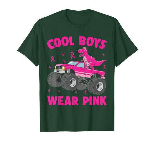 Dinosaur Monster Truck Cool Boys Wear Pink Breast Cancer T-Shirt