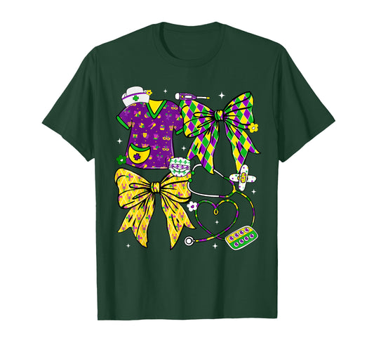 Nurse Mardi Gras Stethoscope Coquette Bow Nicu Girl Women T-Shirt