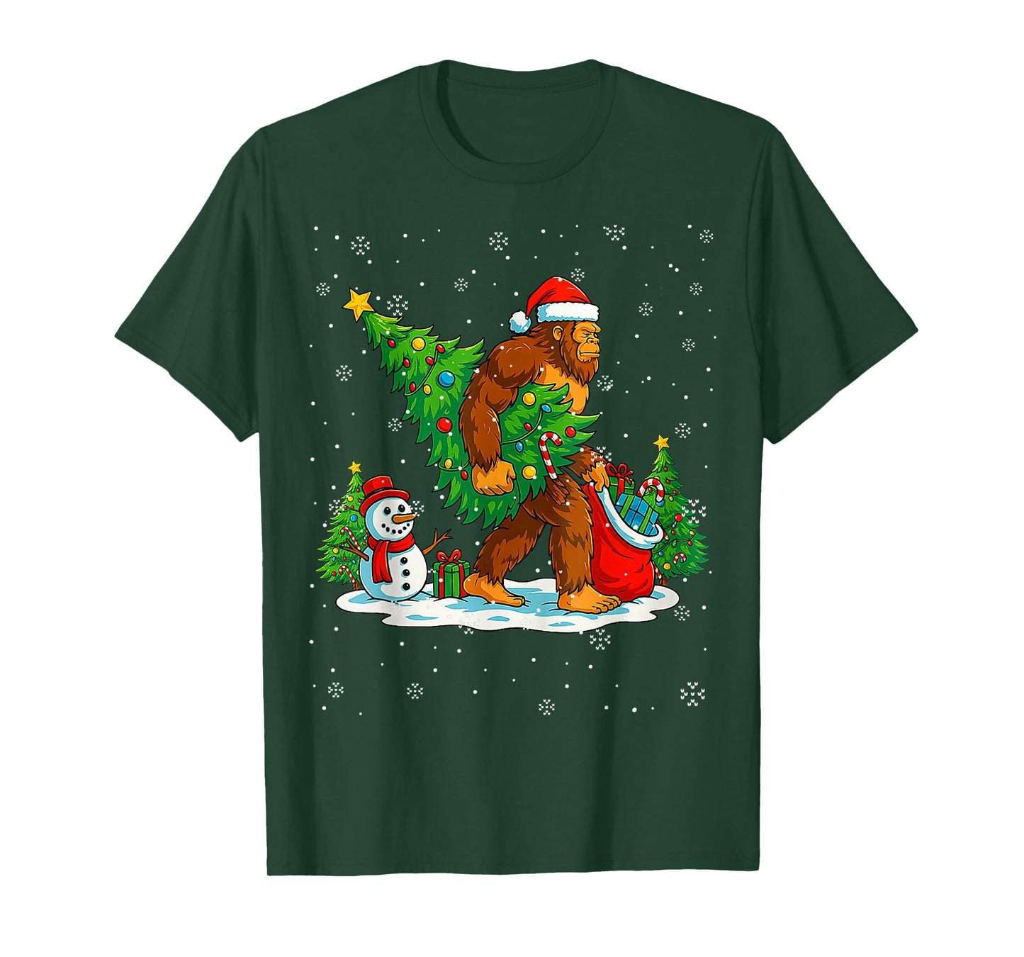 Santa Bigfoot Christmas Tree Xmas Lights Funny Sasquatch Men T-Shirt