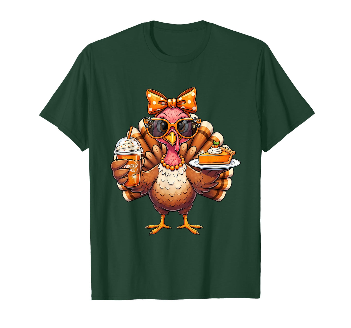 Turkey Drinking Coffee Bow Thanksgiving Womens Turkey Day T-Shirt