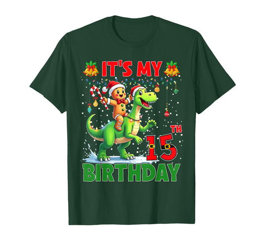 It’s My 15th Birthday Gingerbread Riding Dinosaur Christmas T-Shirt