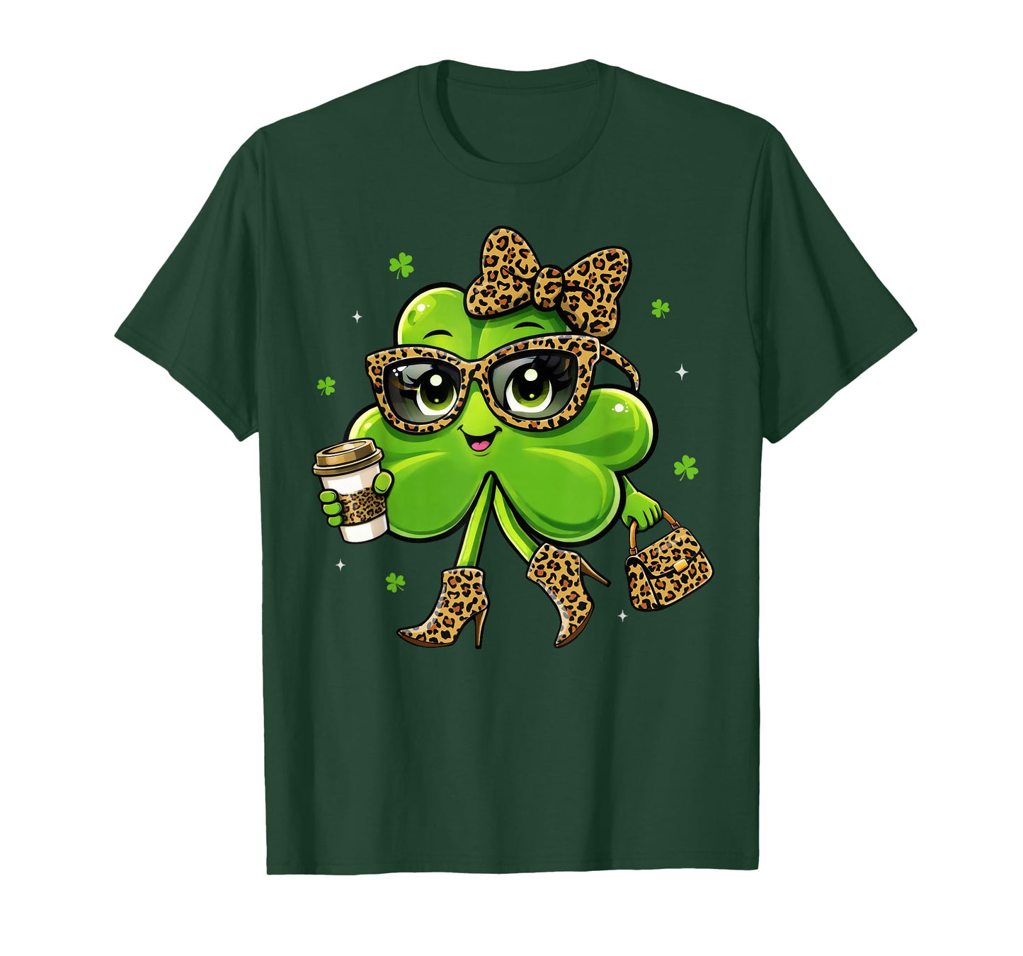 Leopard Shamrock Drinking Coffee St Patricks Day Women Girls T-Shirt