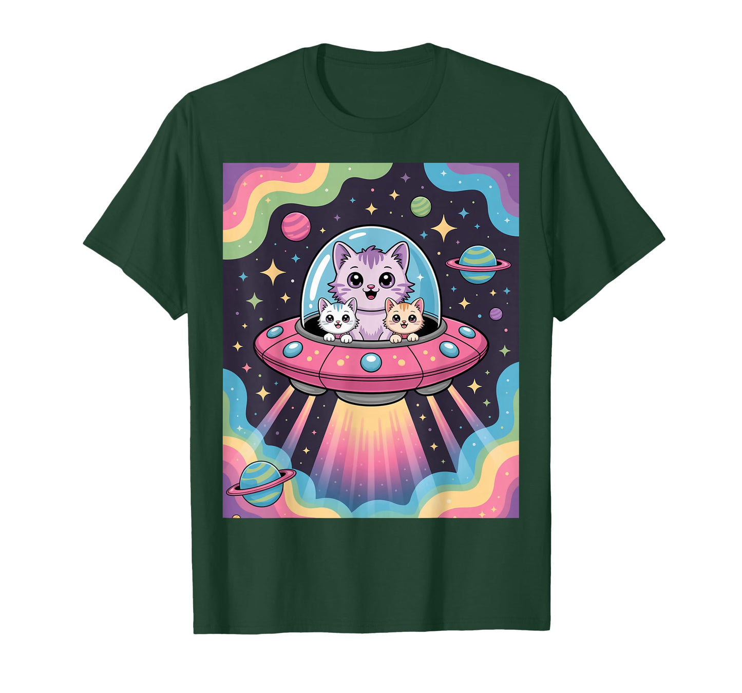 Pastel Alien Cats in Spaceship Floating Among Stars T-Shirt