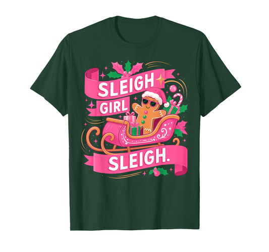 Gingerbread Sleigh Girl Pink Funny Christmas Women Girls T-Shirt