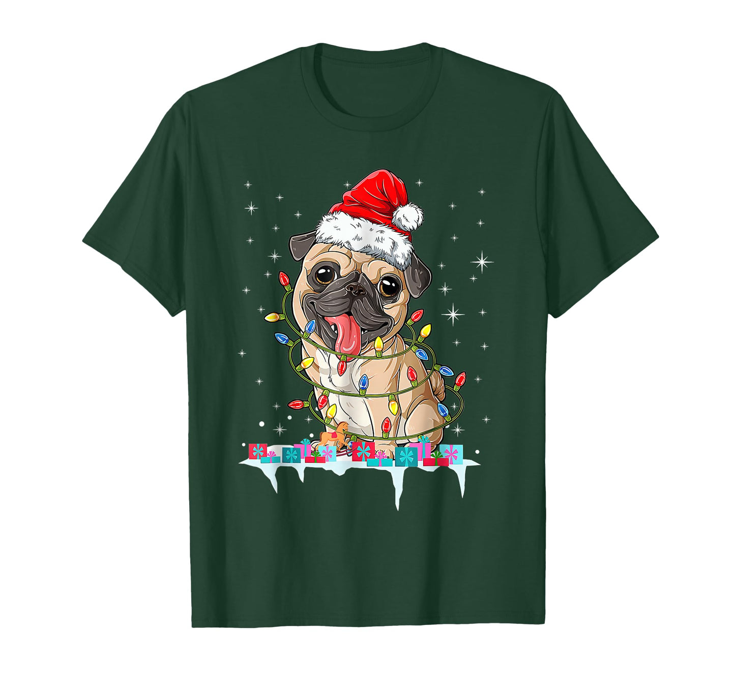 Pug Christmas Tree Lights Santa Dog Xmas T-Shirt