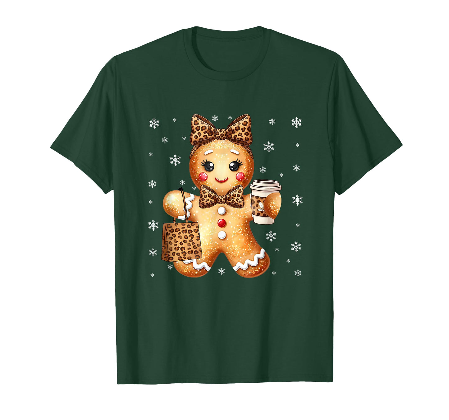 Coquette Cute Gingerbread Leopard Bow Christmas Girls Women T-Shirt