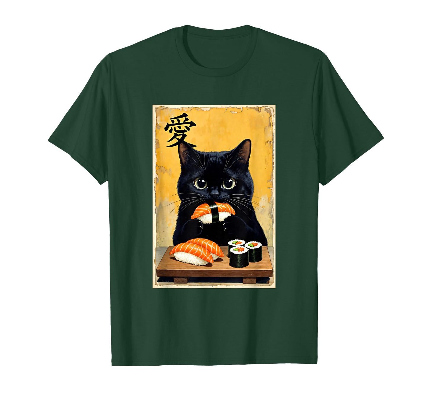 Cute Kawaii Black Cat Eating Sushi Funny Japanese Black Cat T-Shirt