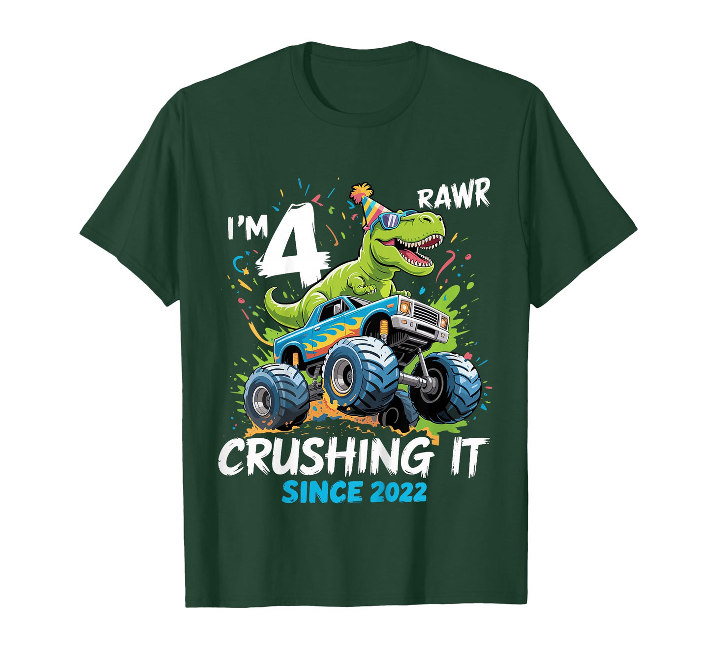 Kids 4th Birthday Monster Truck Dinosaur 4 Year Old boy Born 2022 T-Shirt