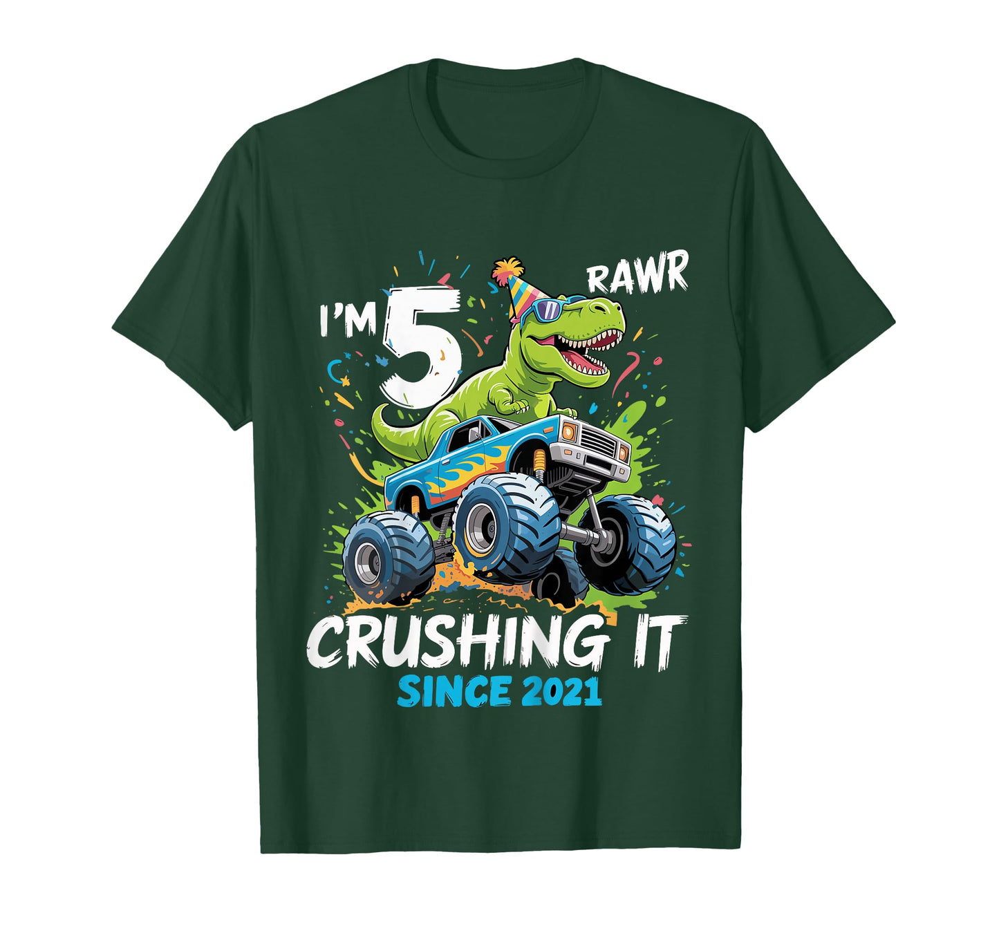 Kids 5th Birthday Monster Truck Dinosaur 5 Year Old boy Born 2021 T-Shirt