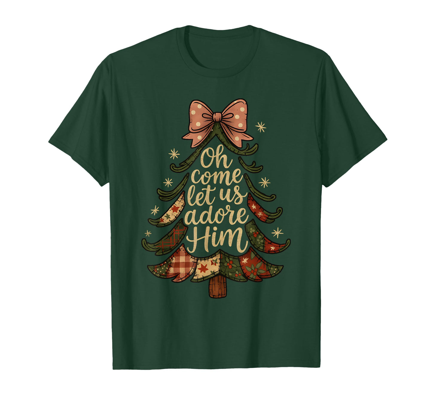 Oh Come Let Us Adore Him Patchwork Christmas Tree Art T-Shirt