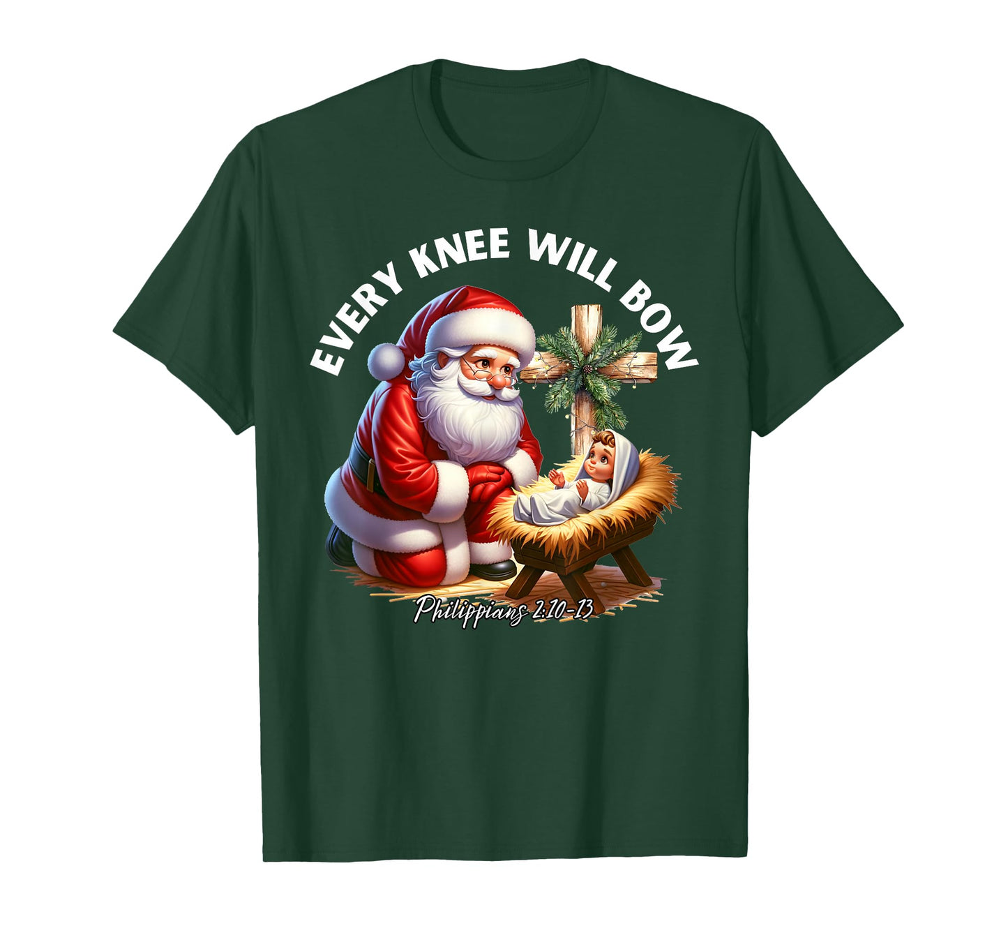 Santa Bowing to Jesus Every Knee Will Bow Philippians 2:10 T-Shirt