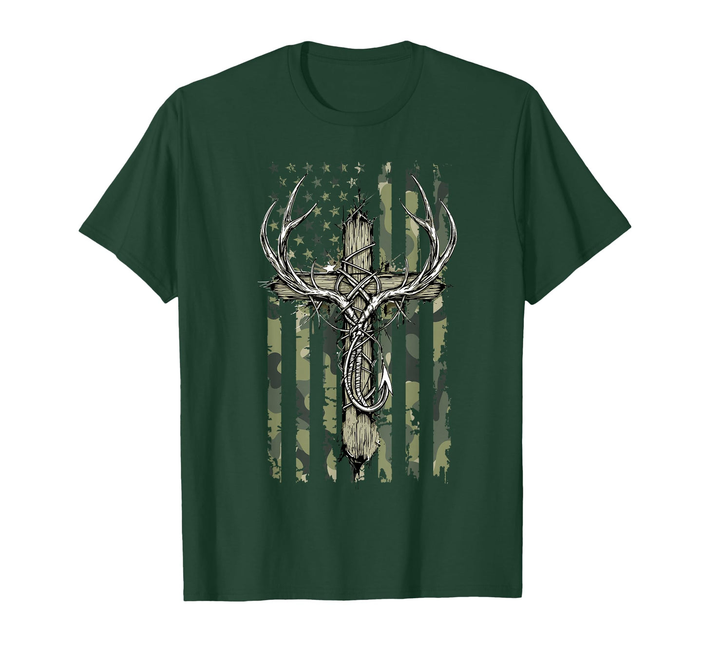 Deer Antlers Fishing Hook Christian Cross Camo Flag Men Boys T-Shirt