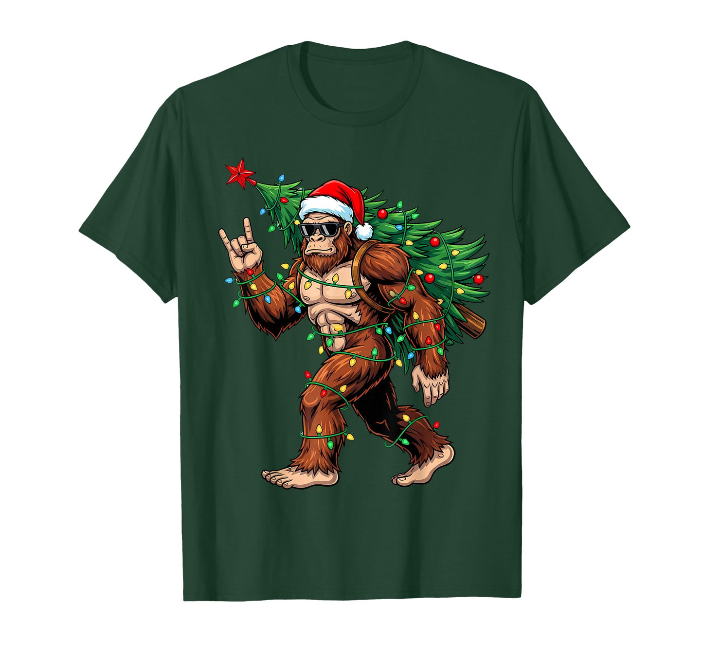 Santa Bigfoot Christmas Tree Xmas Lights Funny Sasquatch Men T-Shirt
