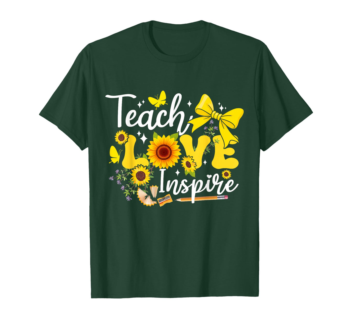 Teach Love Inspire Sunflowers Pencil Coquette Bow Teacher T-Shirt