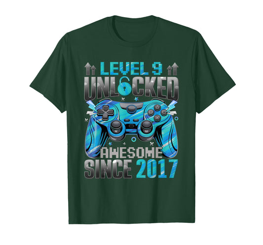 Level 9 Unlocked Awesome Since 2017 9th Birthday Gaming Boys T-Shirt