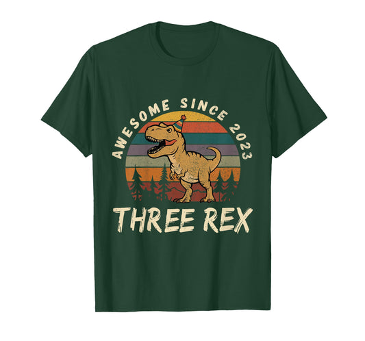 Kids Three rex 3rd Birthday Dinosaur 3 Year Old Boys Born 2023 T-Shirt