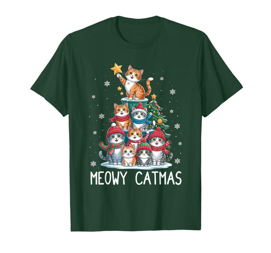 Meowy Catmas Cat Christmas Tree Xmas Girls Boys Funny Santa T-Shirt
