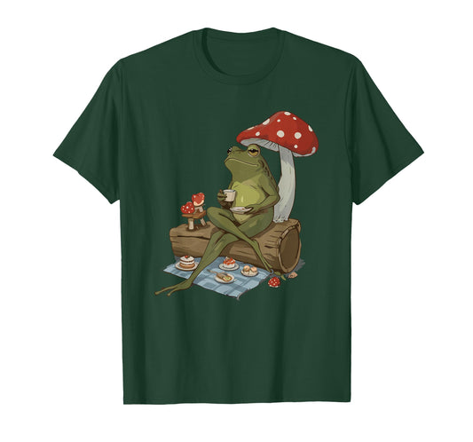 Tea Frog Mushroom Picnic Cute Nature Aesthetic Cottagecore T-Shirt