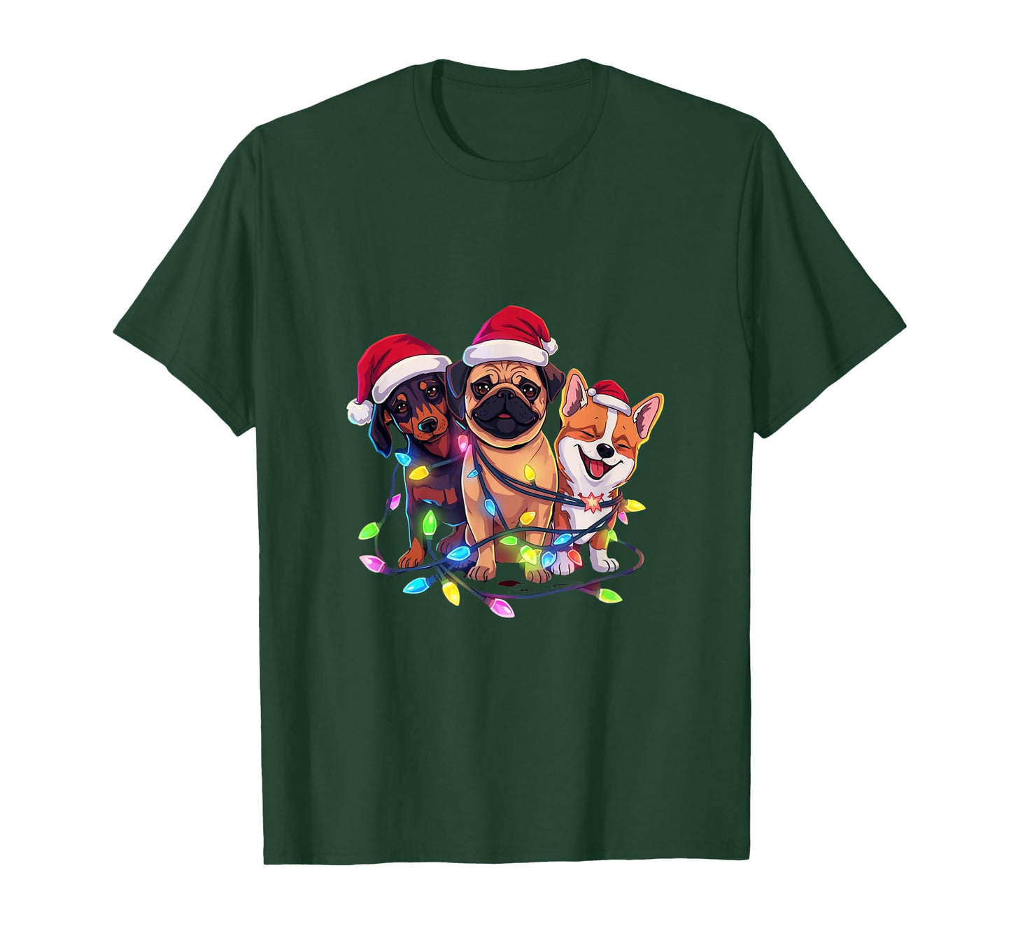 Festive Christmas Dogs with Lights and Santa Hats T-Shirt
