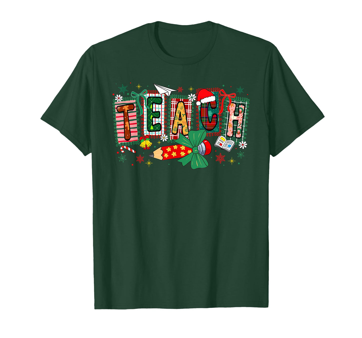 Preppy Teach Merry Christmas Pencil Coquette Bow Teacher T-Shirt