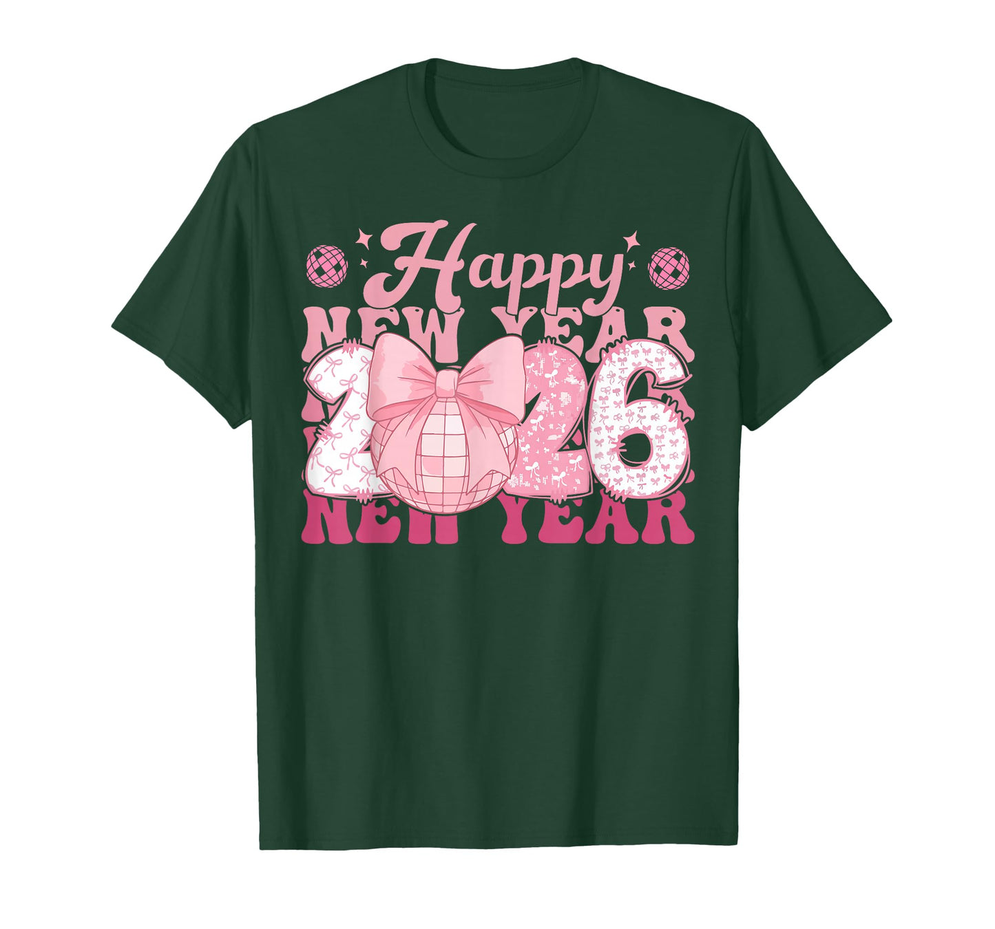 Happy New Year 2026 Disco Ball Pink Coquette Bow Women T-Shirt