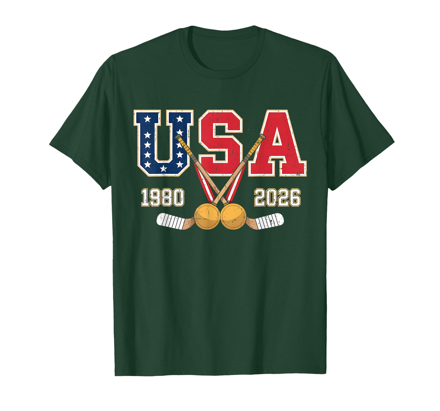1980 and 2026 Hockey Vintage USA Crossed Sticks Patriotic T-Shirt