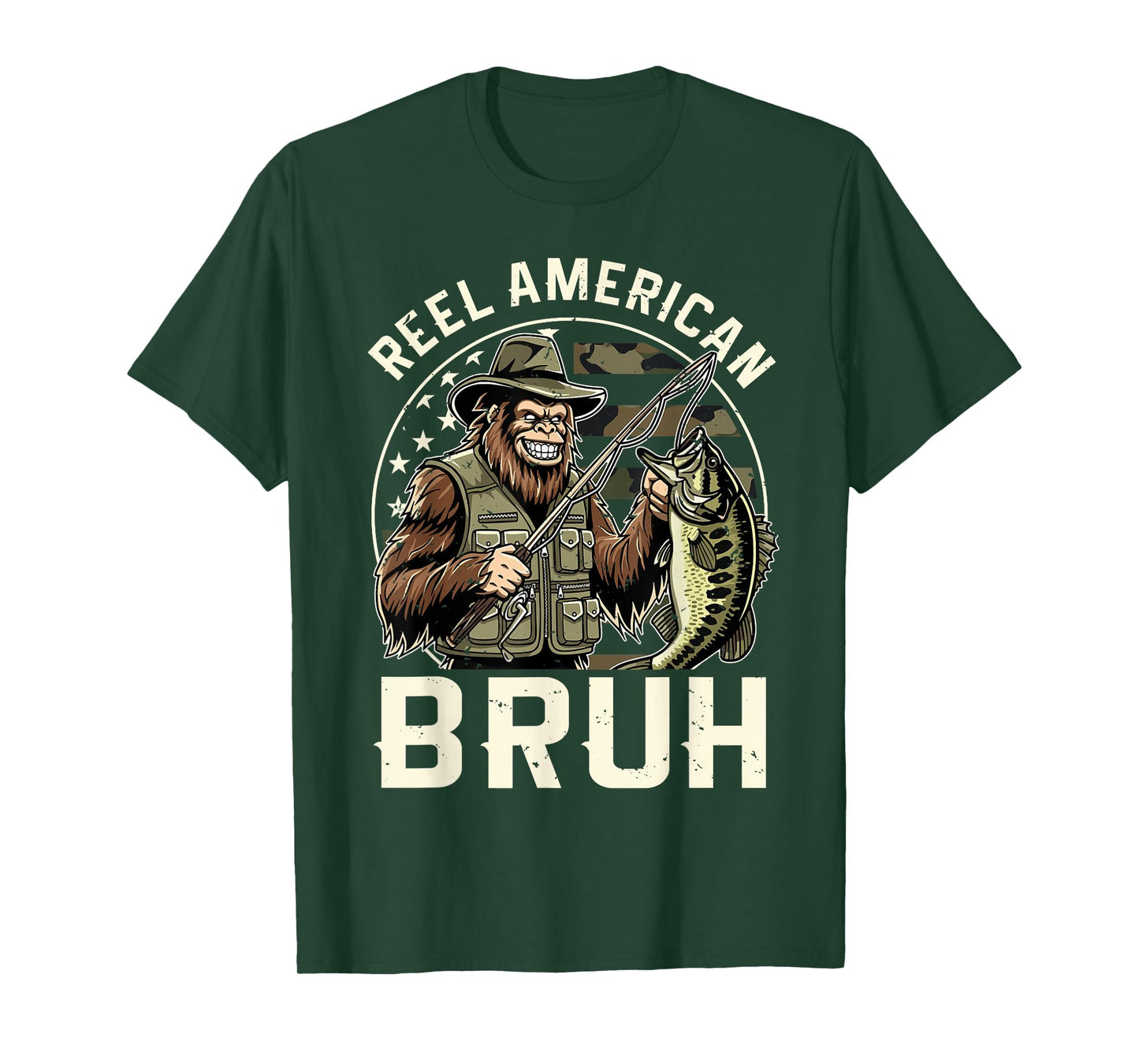 Reel American Bruh Bigfoot USA Flag Camo Fishing T-Shirt