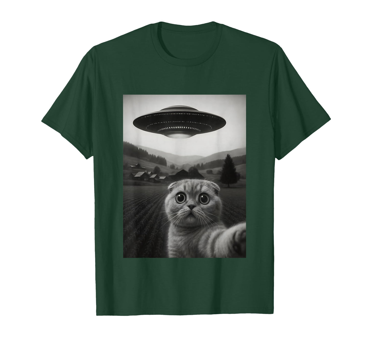 Scottish Fold Cat Selfie Funny Alien Abduction Meme Artwork T-Shirt