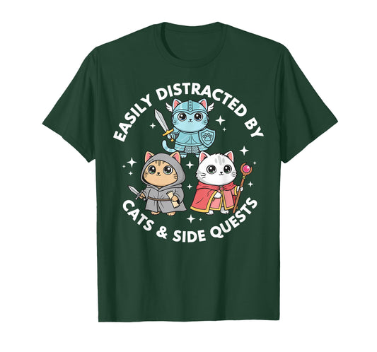 Easily Distracted by Cats & Side Quests Role-Playing Fantasy T-Shirt