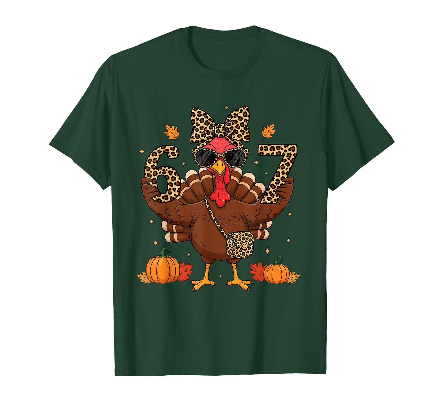 Funny 6 7 Thanksgiving Leopard Bow Turkey six Seven Teacher T-Shirt