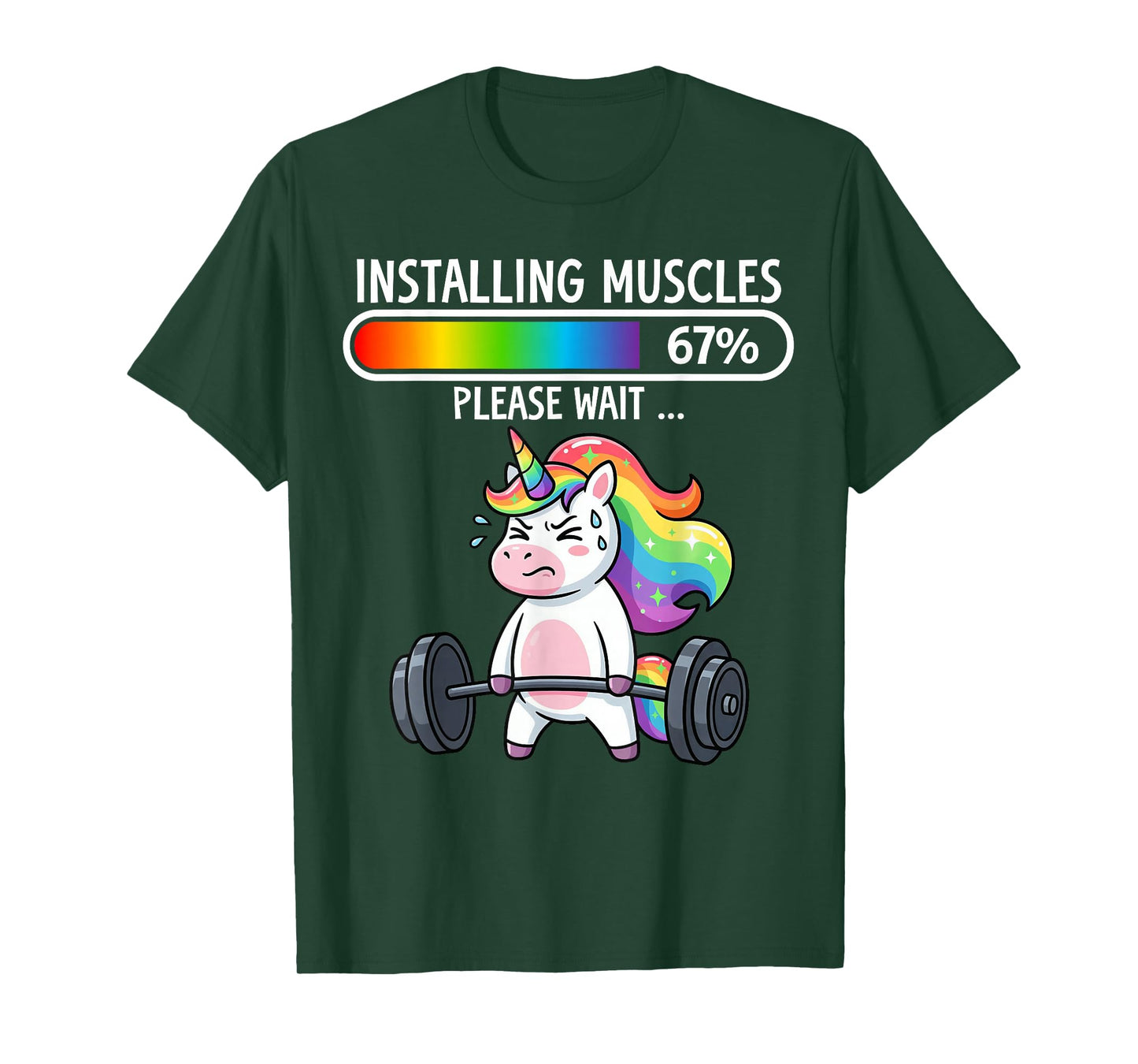 Cute Rainbow Unicorn Installing Muscles 67% Loading Fitness T-Shirt