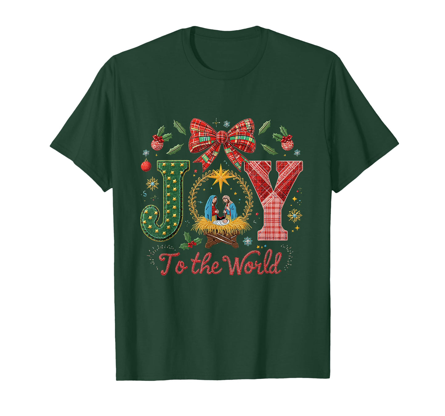 Joy to The World Patchwork Nativity Christmas T-Shirt
