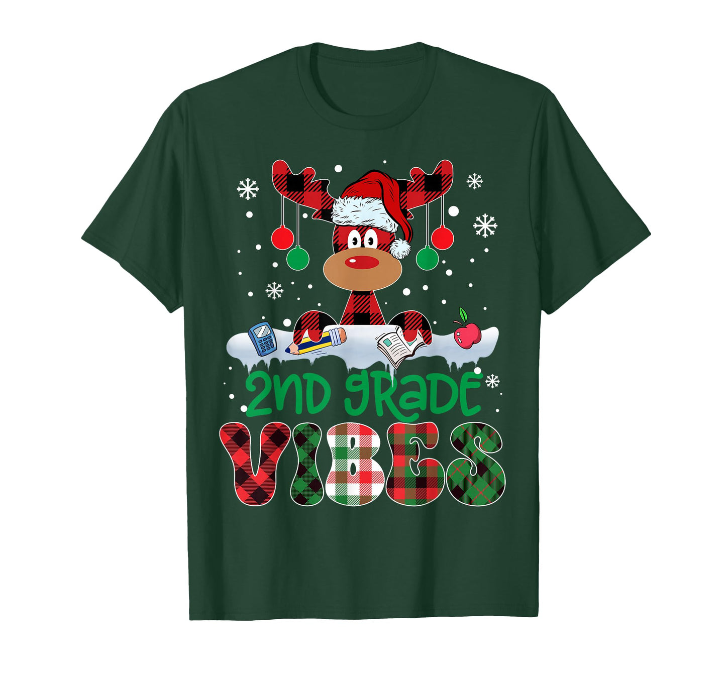 2nd Grade Vibes Teacher Buffalo Red Plaid Reindeer Christmas T-Shirt