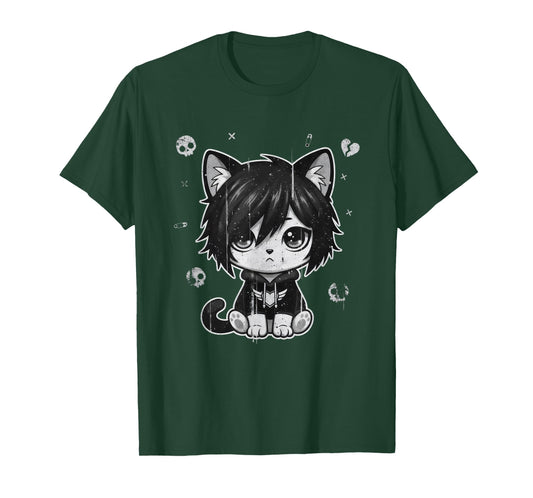 Goth Girl Emo Gothic Cat, Punk Dark Music, Grunge Cute Kitty T-Shirt