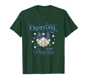 Denim and Pearls Bow Jean Western Cowgirl Ladies Girls Women T-Shirt